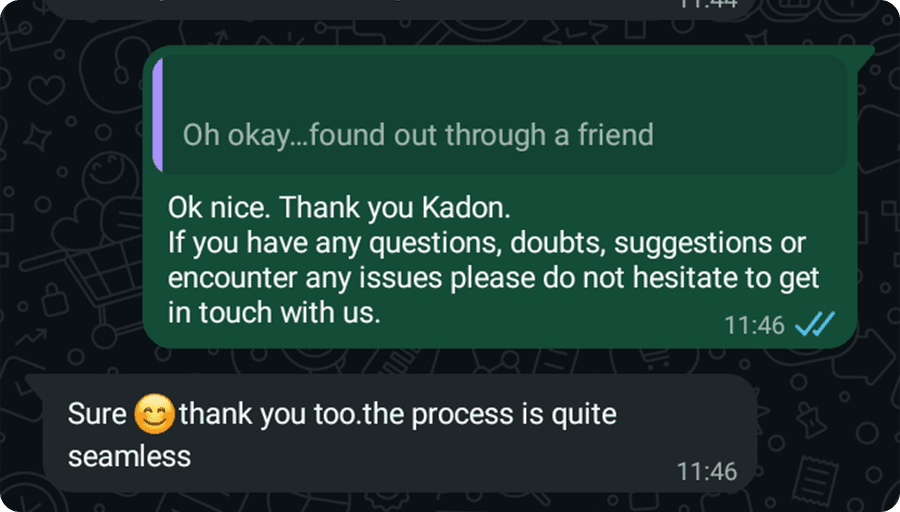 Customer feedback from WhatsApp